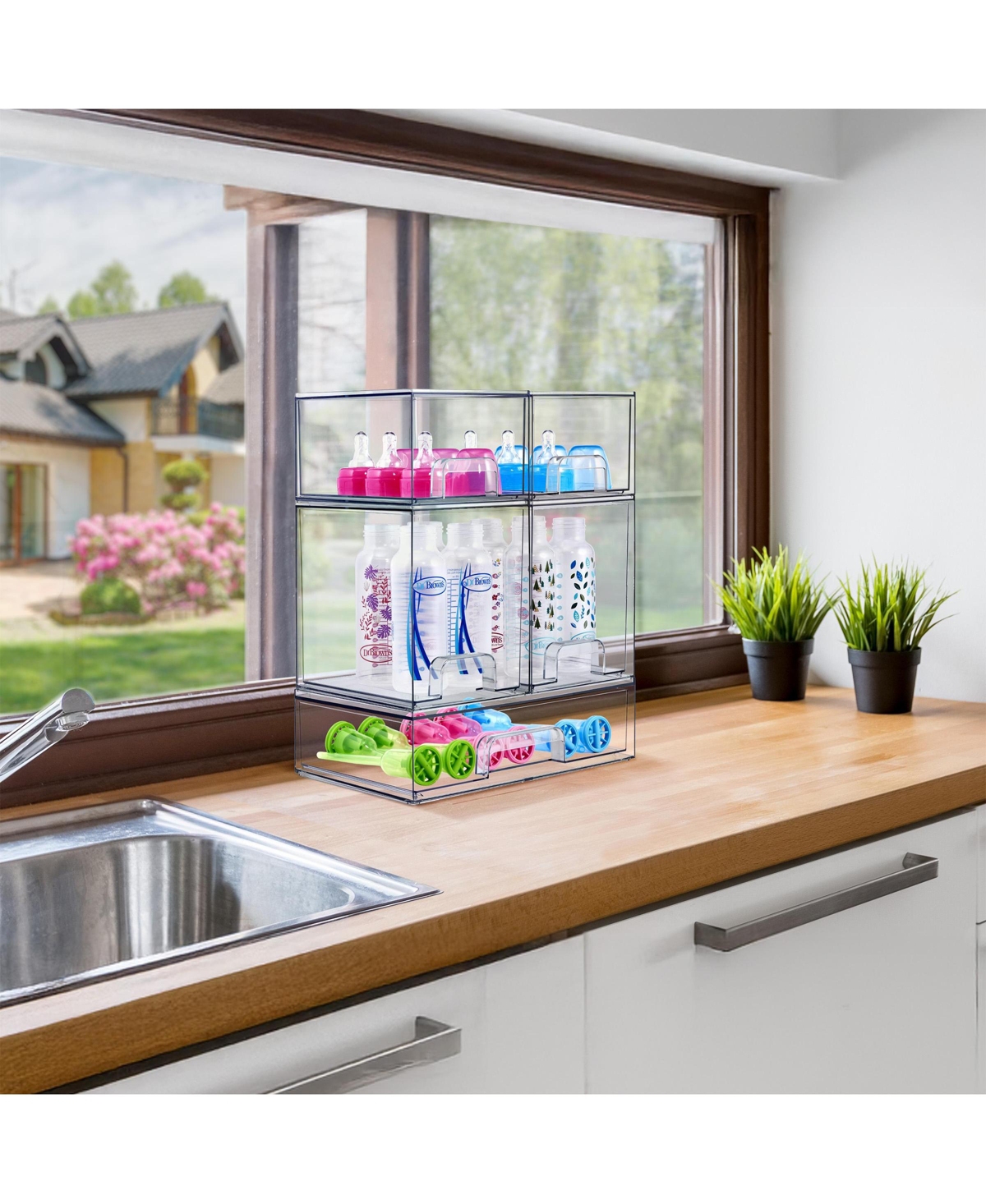 Sorbus Pack Clear Wide Stackable Pull-Out Storage Organizer Bins for Baby Bottles, Bathroom