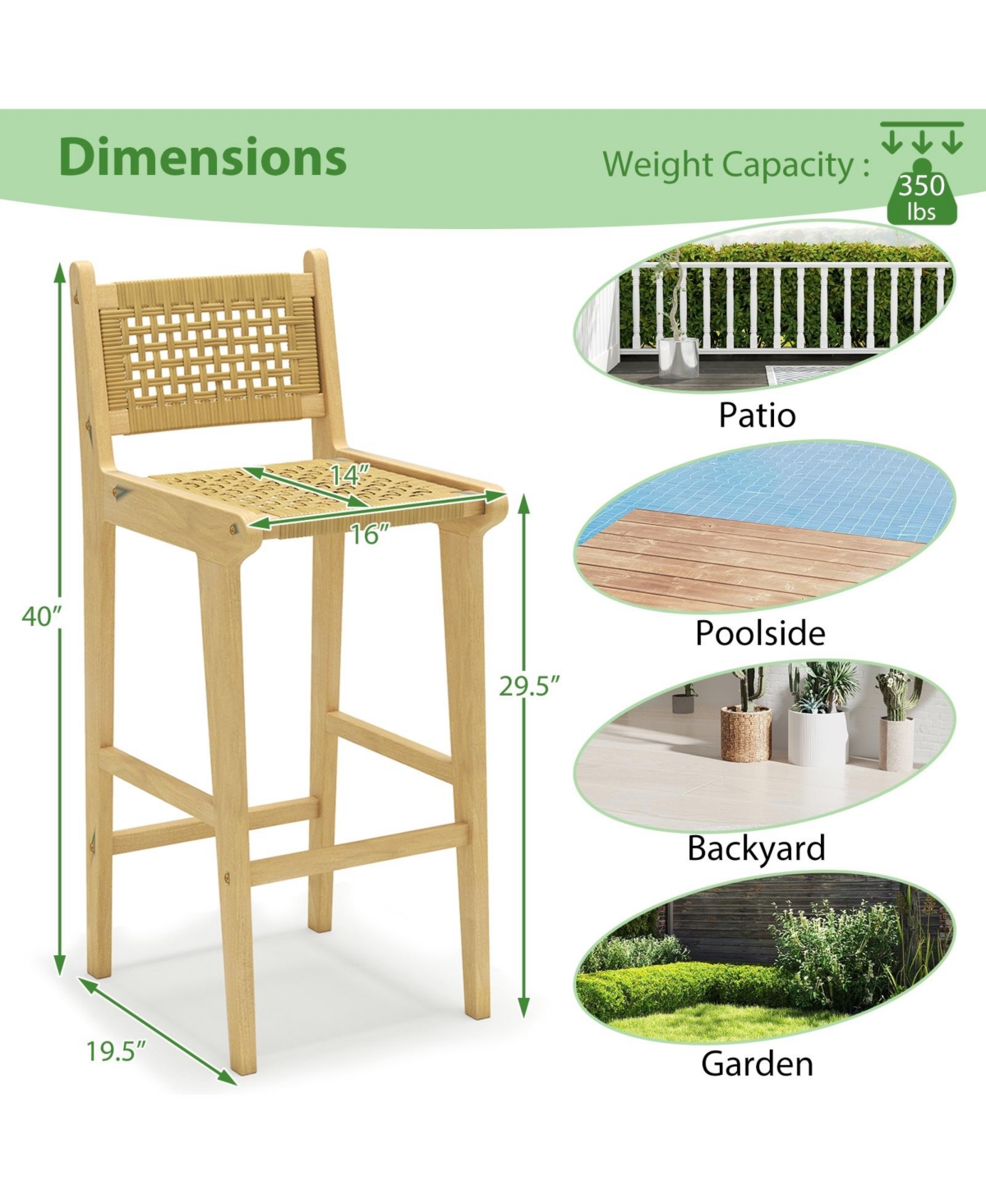 Slickblue Outdoor Teak Wood Bar Stool with Rattan Seat and Backrest