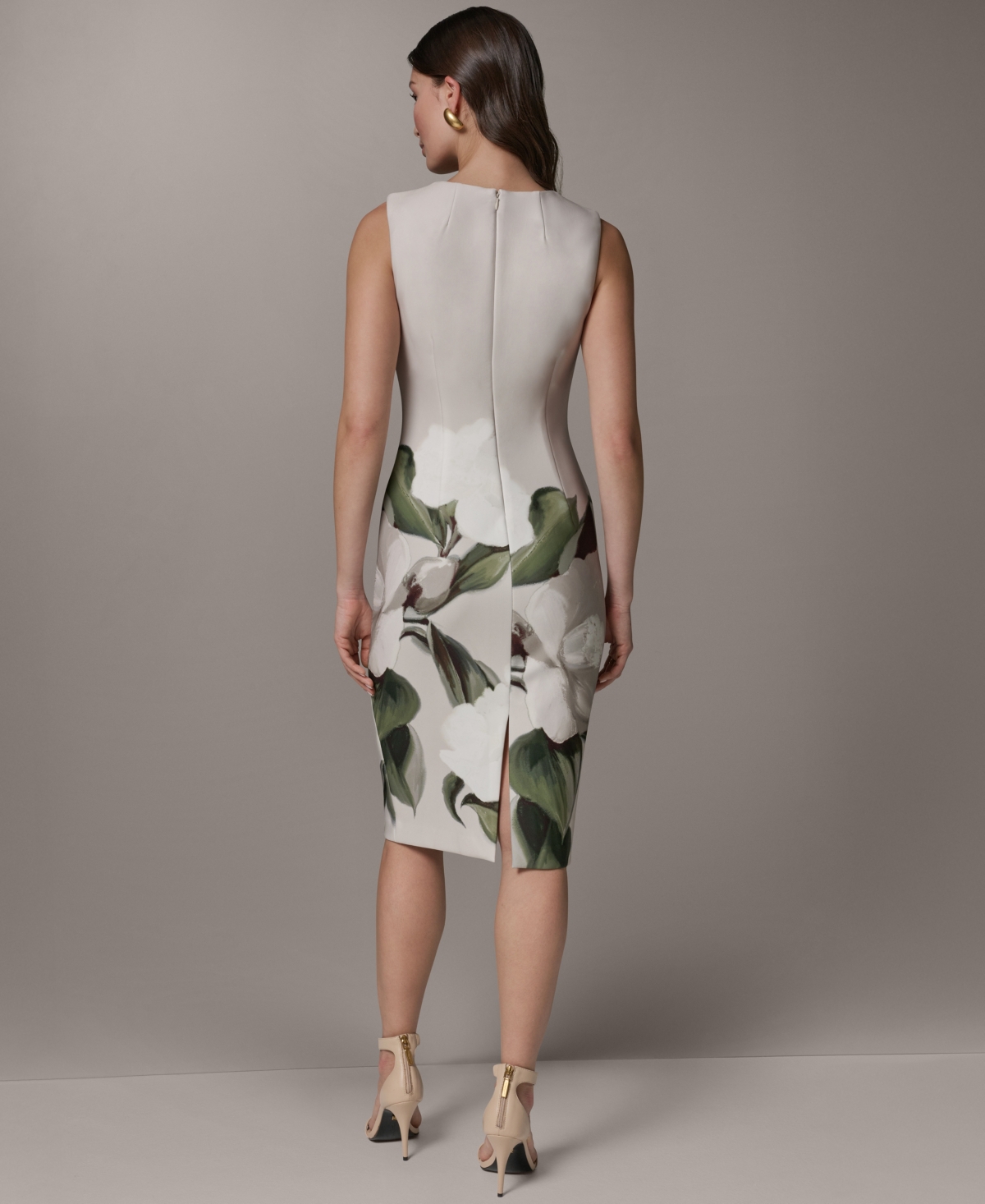 Donna Karan New York Women's Sleeveless Square Neck Placement Floral Print Midi Sheath Dress