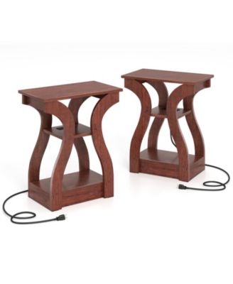Set of 2 End Tables with Charging Station, 3-Tier Storage Shelves for Bedroom Living Room