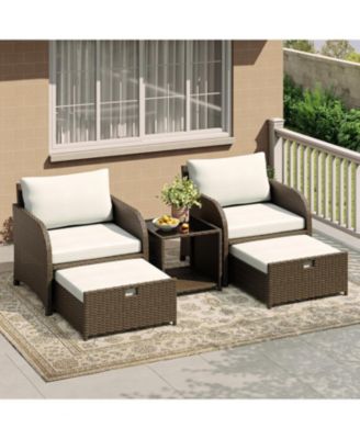 Patio Furniture Set, 5-Piece PE Rattan Wicker Outdoor Seating Set with Ottomans and Glass Tabletop, All-Weather Conversation Furniture