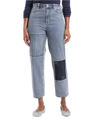 Petite Soft Denim Mid Rise Relaxed Straight Crop Patchwork Jeans