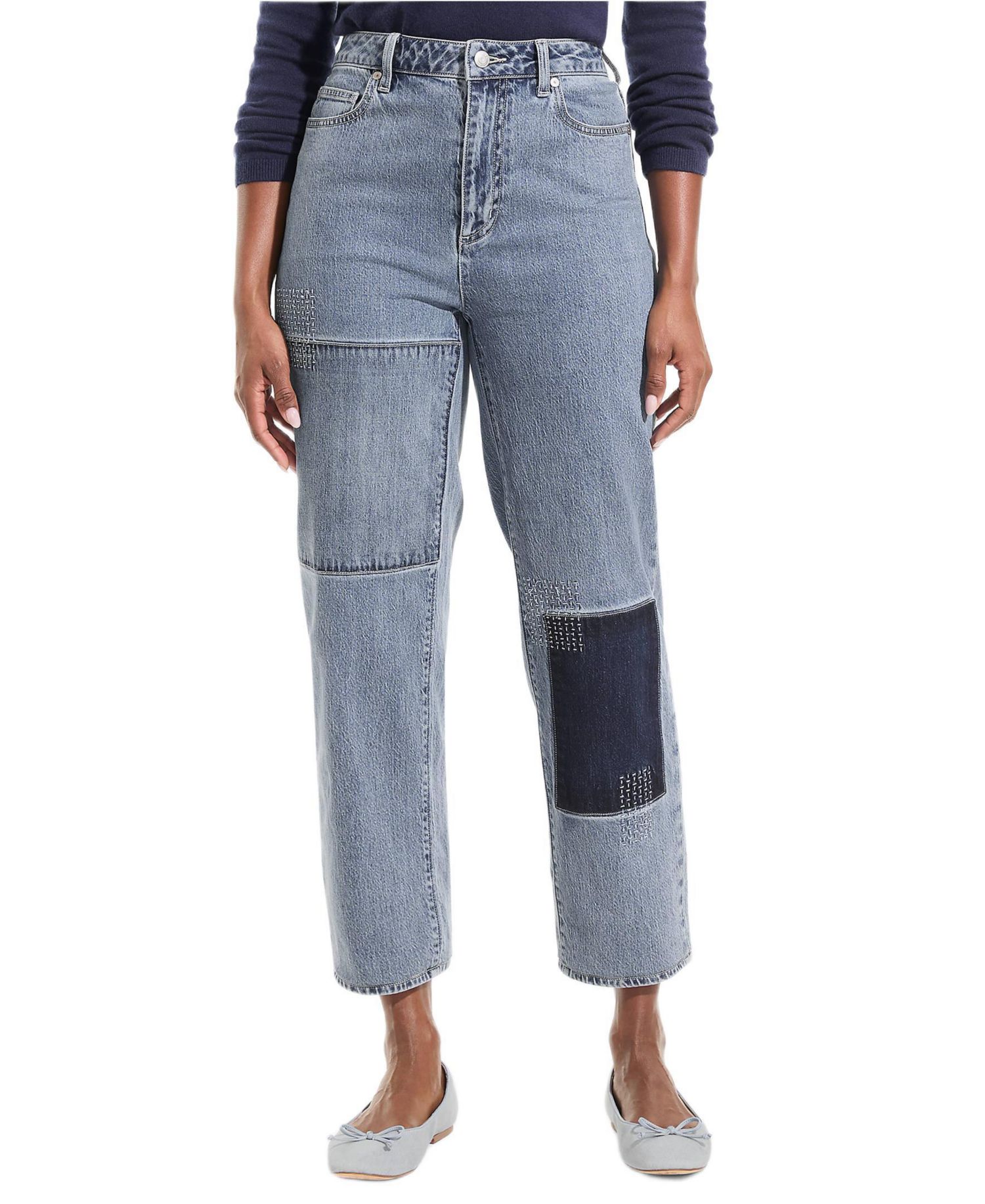 Petite Soft Denim Mid Rise Relaxed Straight Crop Patchwork Jeans