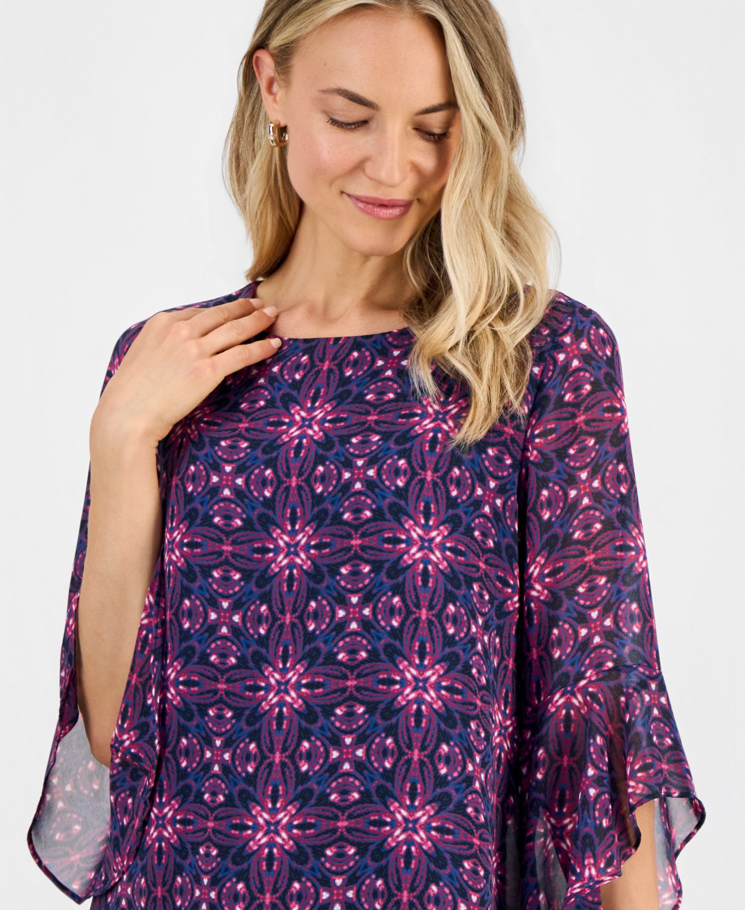 Petite Printed Boat-Neck Ruffle-Sleeve Blouse