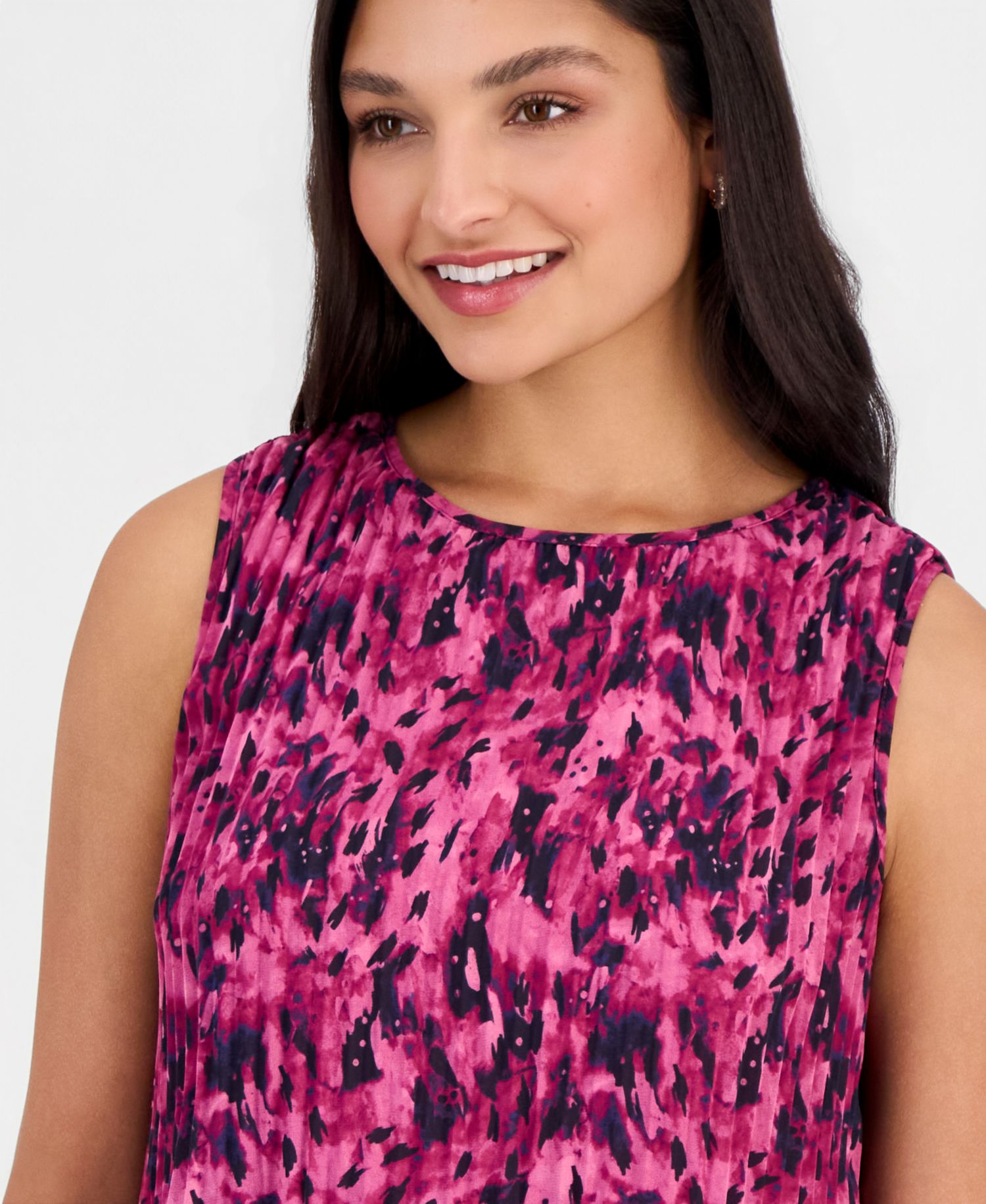 Women's Printed Crewneck Sleeveless Pleated Blouse