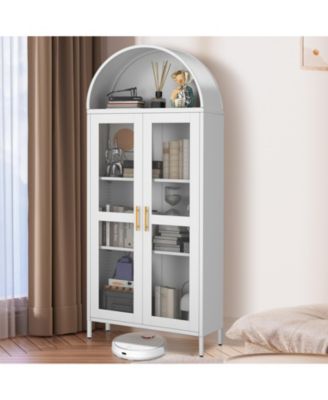 73" Modern Arched Metal Storage Cabinet with Glass Doors for Living Room, Pantry Bookshelf, White