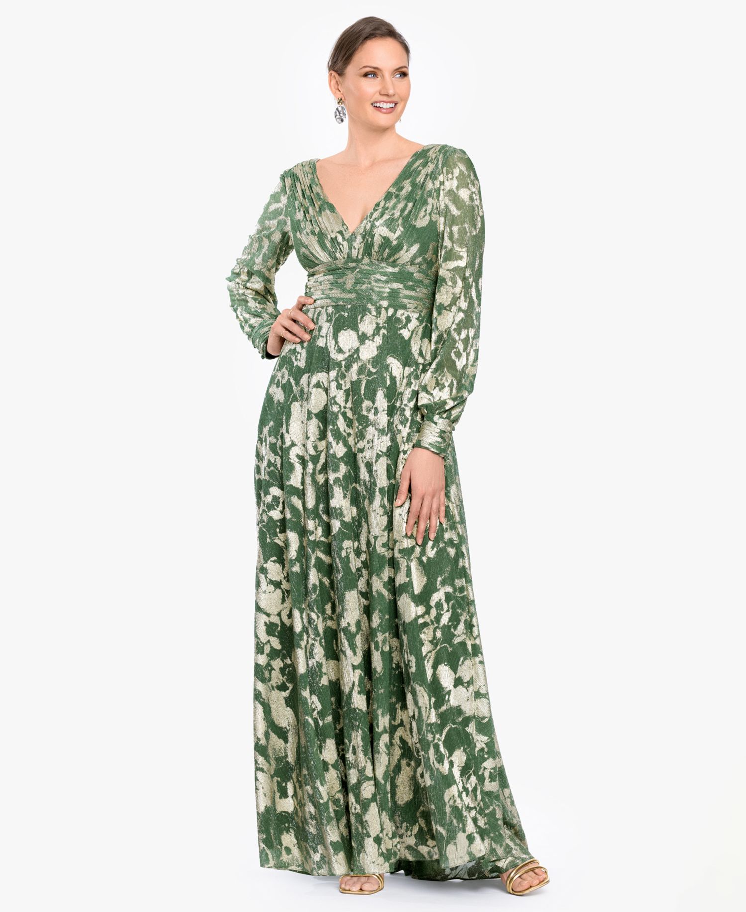 Women's Long-Sleeve V-Neck Metallic Floral Gown