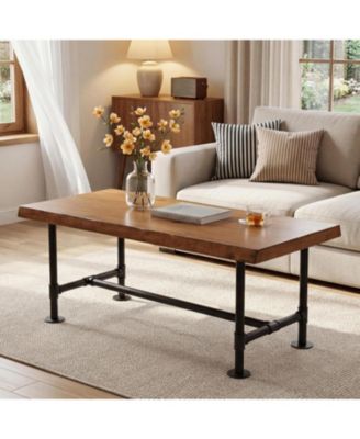 47" Live Edge Coffee Table, Farmhouse Solid Wood Accent Center Table with Metal Legs, Rectangular Low Cocktail Tea Furniture