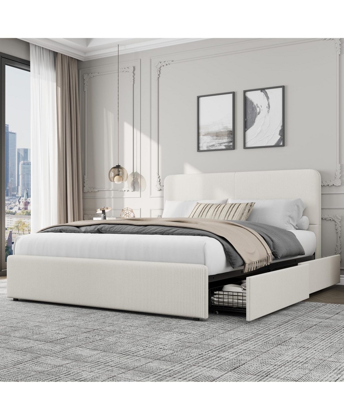 homfan Upholstered Platform Bed Frame with Headboard and 2 Storage Drawers, Wood Slat Support