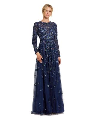 Petite Embellished High Neck Long Sleeve A-Line Gown