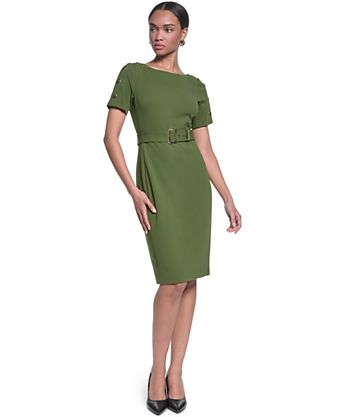 knee length work dresses Dress Dark Green V-Neck Bleted Sheath Knee-Length Dress-chiclody, Dark Green US2 Neck Design Women's Knee-Length Work Dresses |