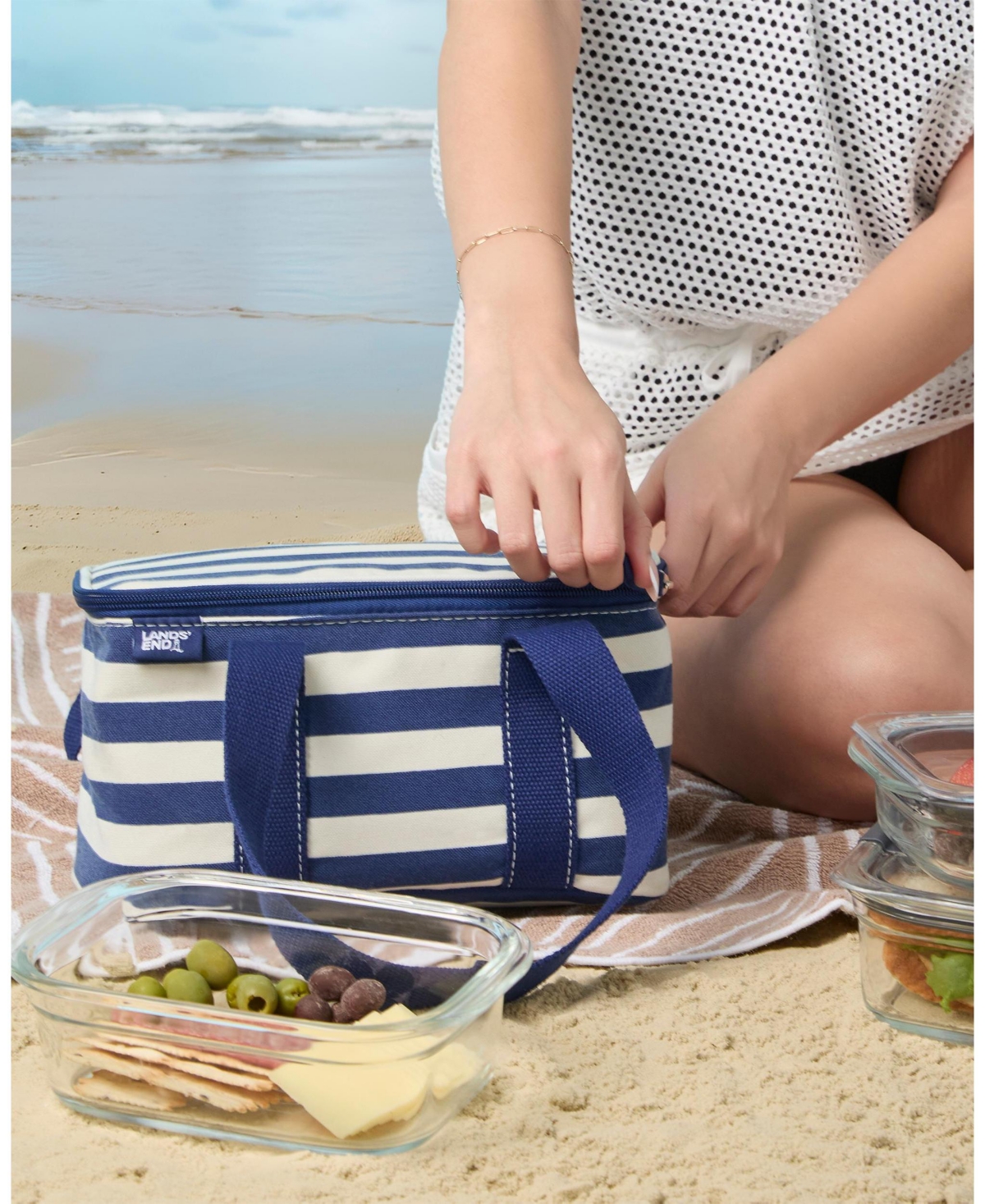 Lands' End Rectangular Small Cooler Bag Insulated 1.5 Gal, Canvas Soft Cooler with Tote Handles and Zip Closure