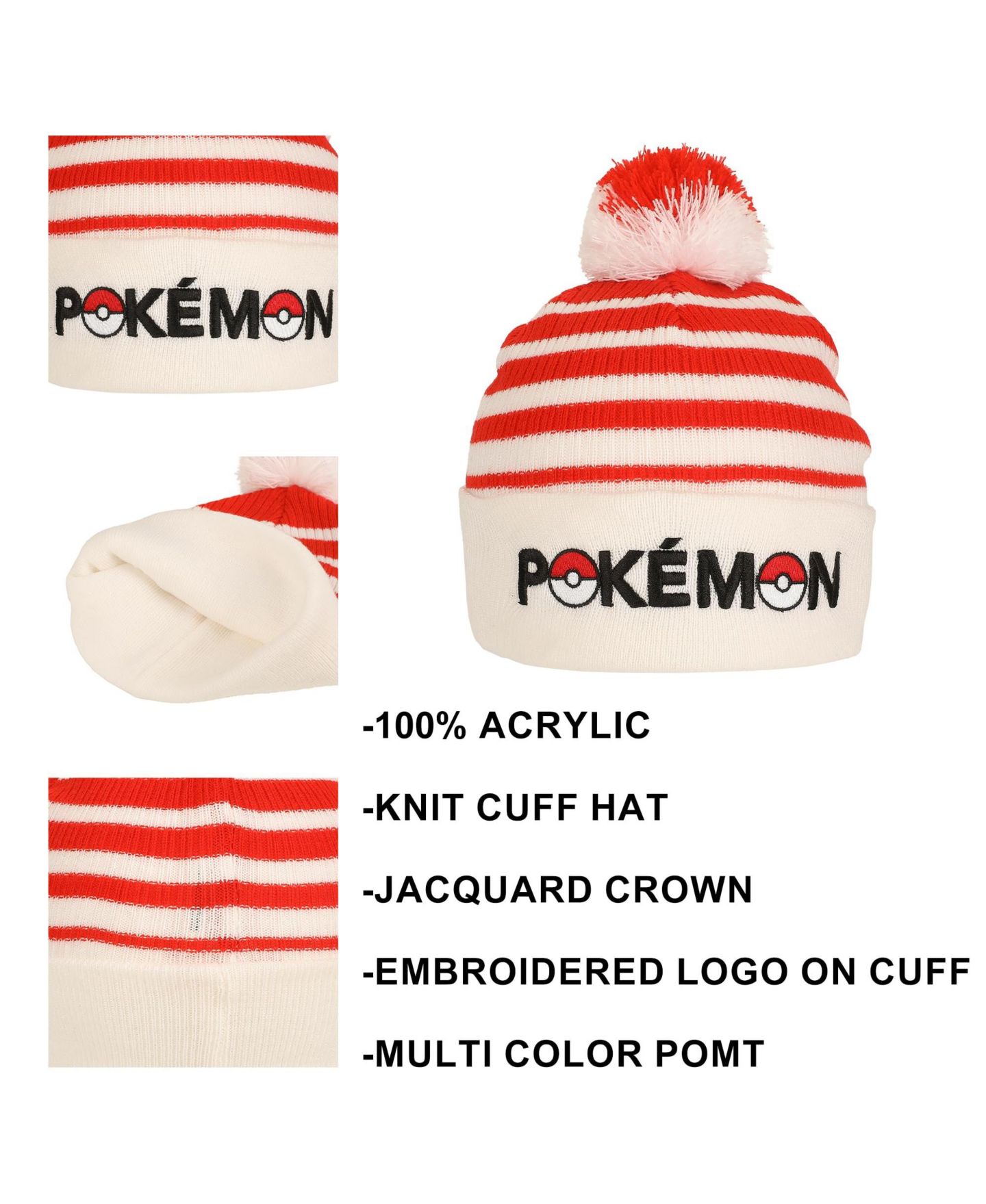 Мужская шапка Pokemon Pokeball Plush Pom, Red And White Stripes Cuff Beanie — фото 9