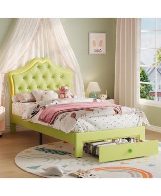 Twin Upholstered Princess Bed Frame with LED Headboard, Storage Drawer, Velvet Finish, No Box Spring Needed