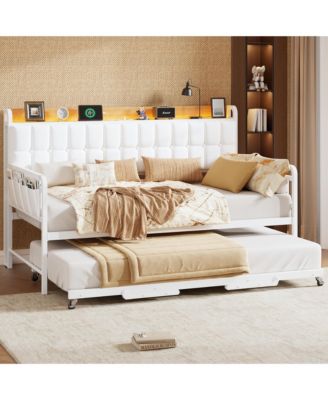 Upholstered Twin Daybed with Trundle, LED Lights, Charging Station and Storage Headboard, Metal Slat Support