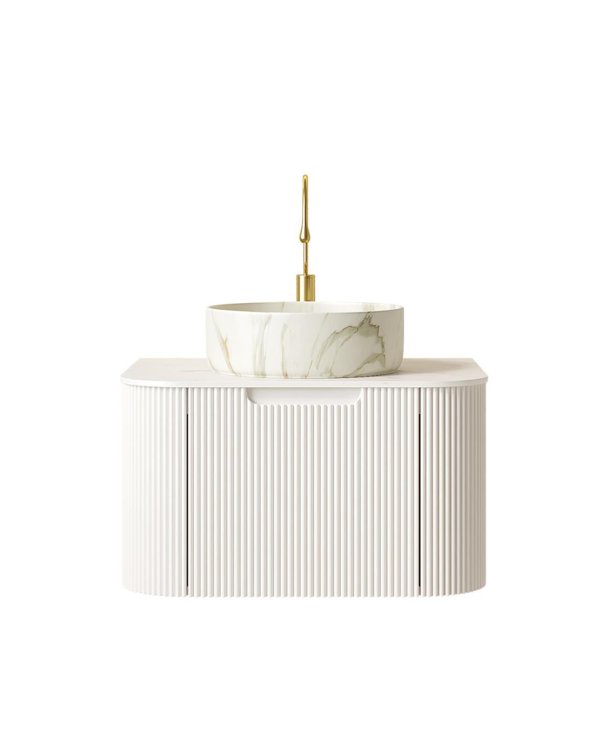 Sillysis Wall Mounted Bathroom Vanity with White Sintered Stone Top, Round Ceramic Bowl Sink