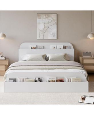 Bed Frame, Wooden Beds with Storage Headboard and Raised-Foodboard, Floor Low Platform Bed for Bedroom, No Box Spring Needed