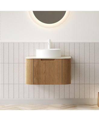 Wall Mounted Bathroom Vanity with Sintered Stone Top, Round Ceramic Vessel Sink, Wood Grain Drawer, Pre-assembled