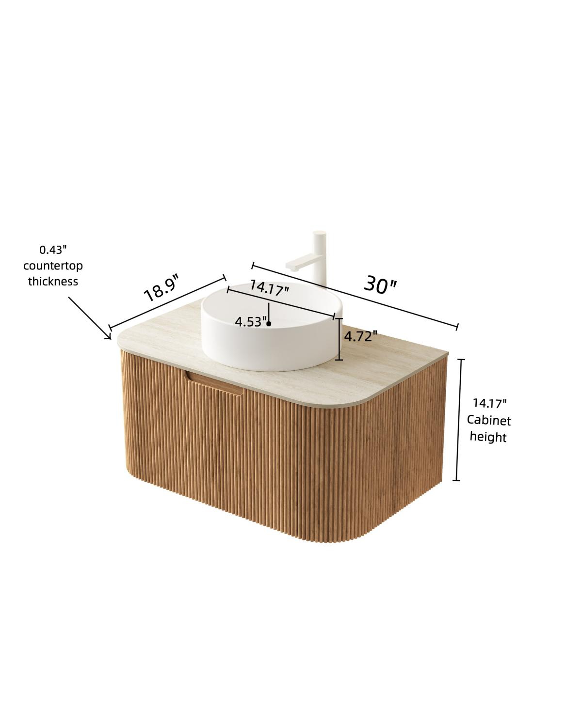 Sillysis Wall Mounted Bathroom Vanity with Sintered Stone Top, Round Ceramic Vessel Sink, Wood Grain Drawer
