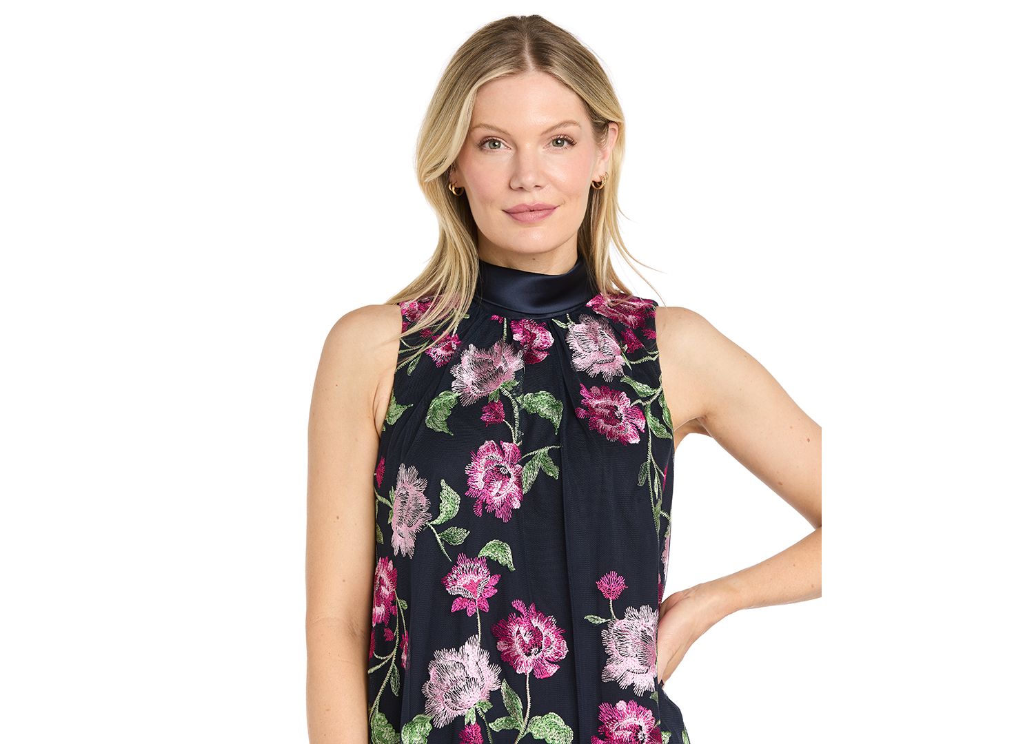 Women's Embroidered Mesh Trapeze Halter Neck Dress