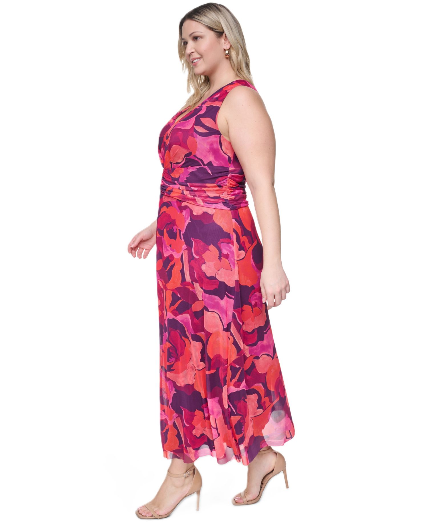 Plus Size Sleeveless V-Neck Ruched Waist Midi Dress