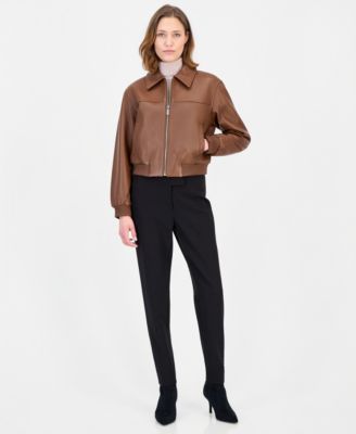 MICHAEL Women's Leather Zip-Up Bomber Jacket