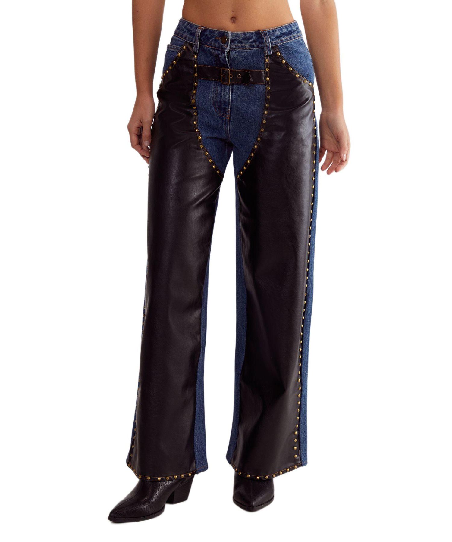 Women's Straight Leg Denim Pu Mix Chap Jeans