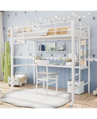 Metal Twin Loft Bed with Desk and Storage Shelves, Space-Saving Bed Frame with Guardrails, Ladder and Steel Slats