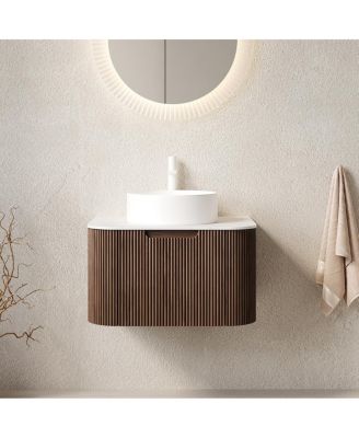 Wall Mounted Bathroom Vanity with Sintered Stone Top, Round Ceramic Vessel Sink, Walnut Striped Drawer, Pre-assembled