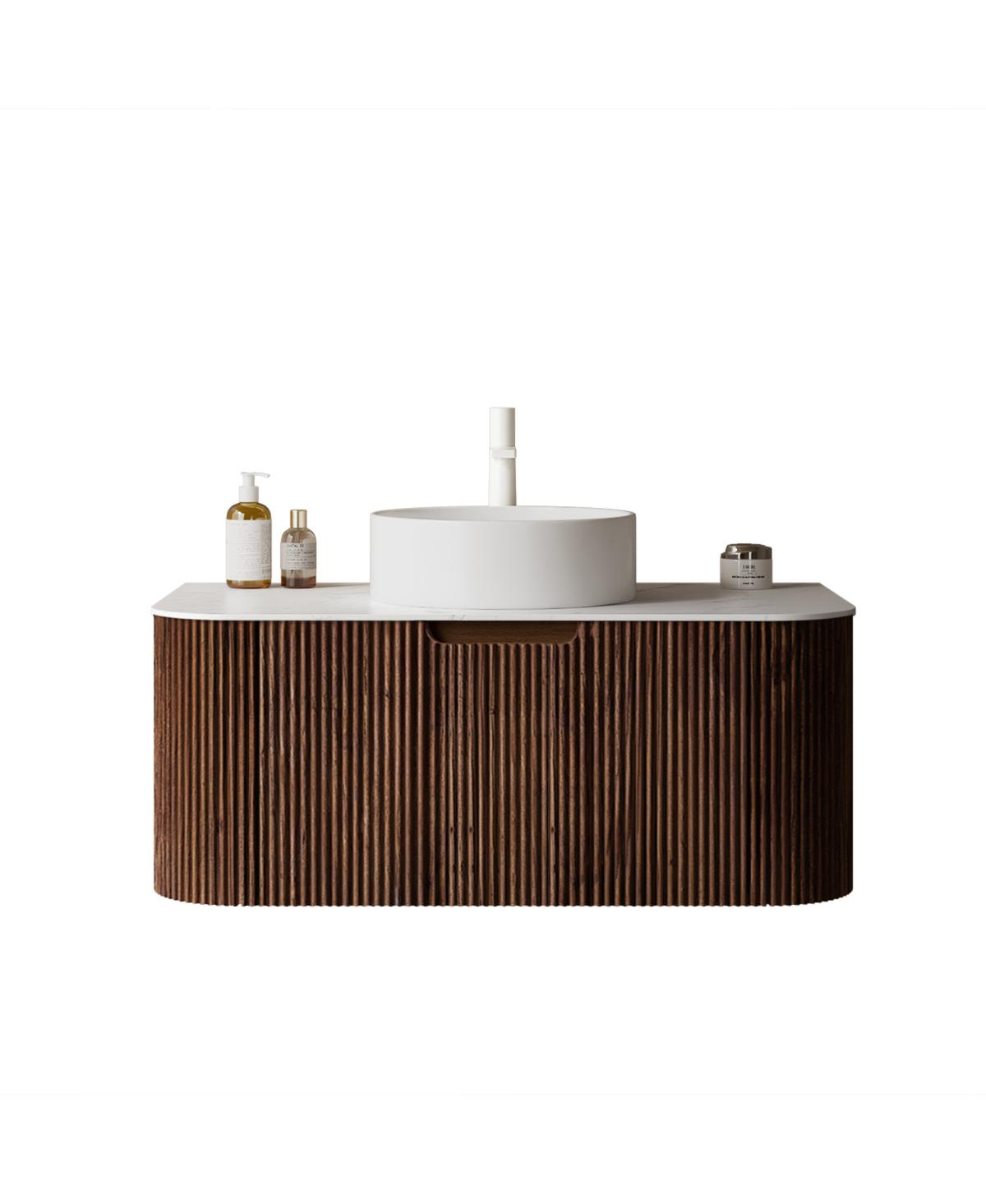 Sillysis Wall Mounted Bathroom Vanity with Sintered Stone Top, Round Ceramic Vessel Sink, Walnut Striped Drawer
