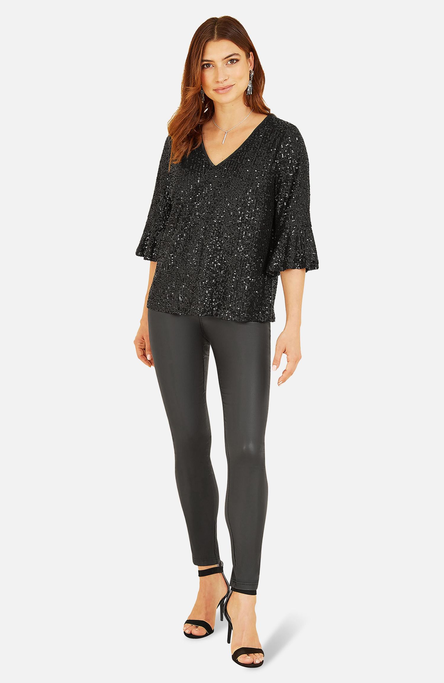 Women's Sequin V-Neck Fluted Sleeve Top