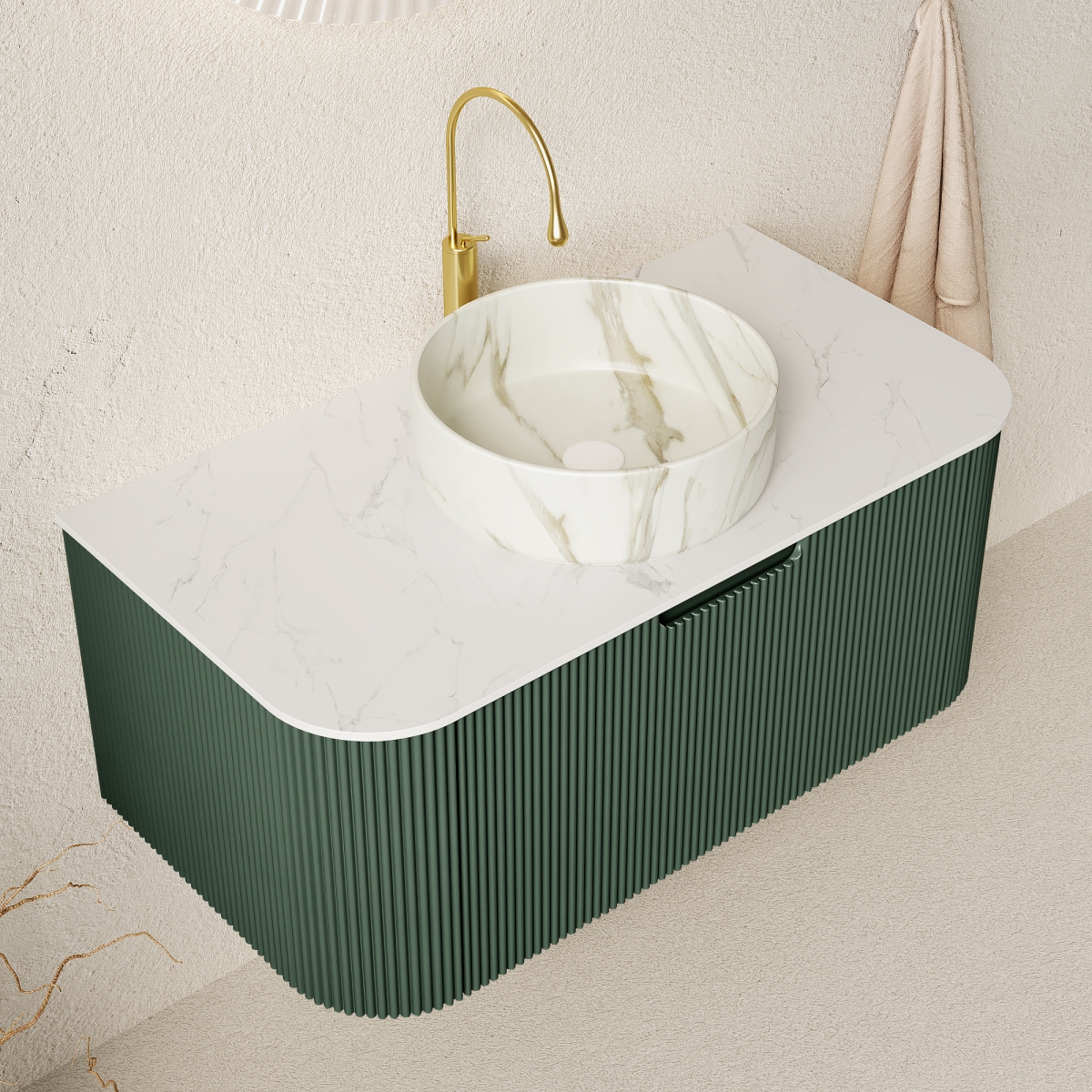 Sillysis Wall Mounted Bathroom Vanity with Sintered Stone Top, Round Ceramic Basin, Stripe Drawer Panel, Pre-assembled