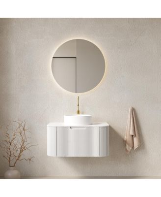 Wall Mounted Bathroom Vanity with Sintered Stone Top, White Round Ceramic Sink, Striped Drawer, Pre-assembled