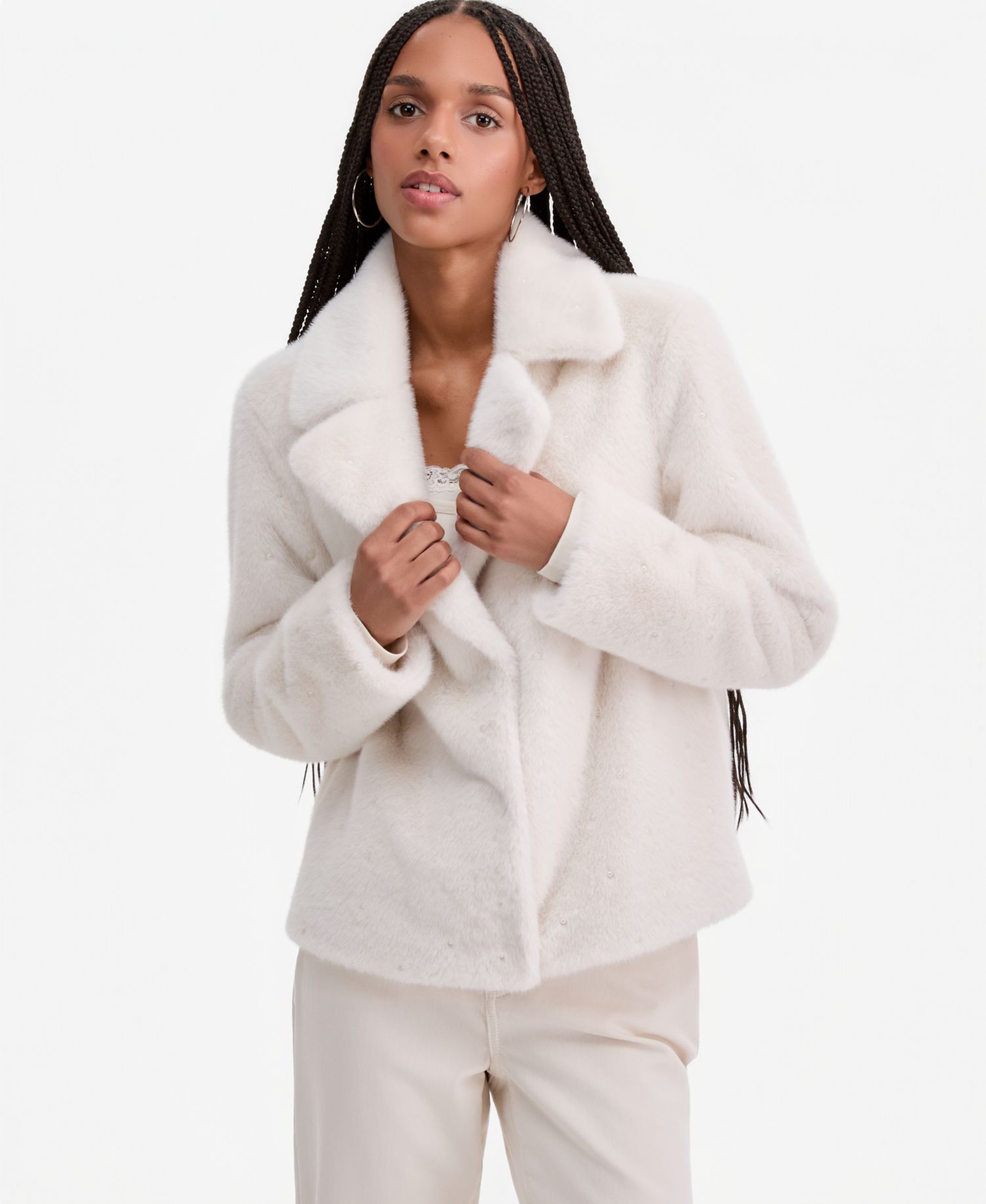 Women's Faux-Fur Pearl Embellished Short Jacket