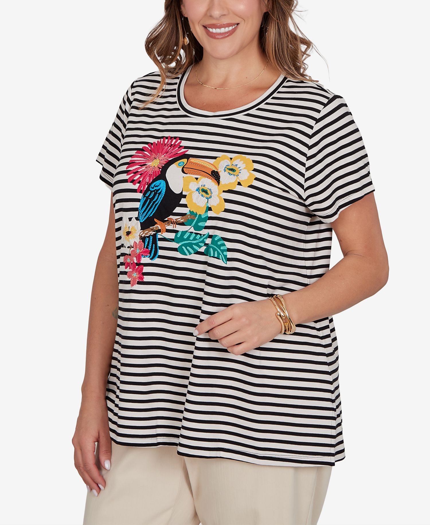 Plus Size Embellished Toucan Stripe Knit T-Shirt