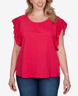Plus Size Crochet Sleeve Solid Cotton T-Shirt