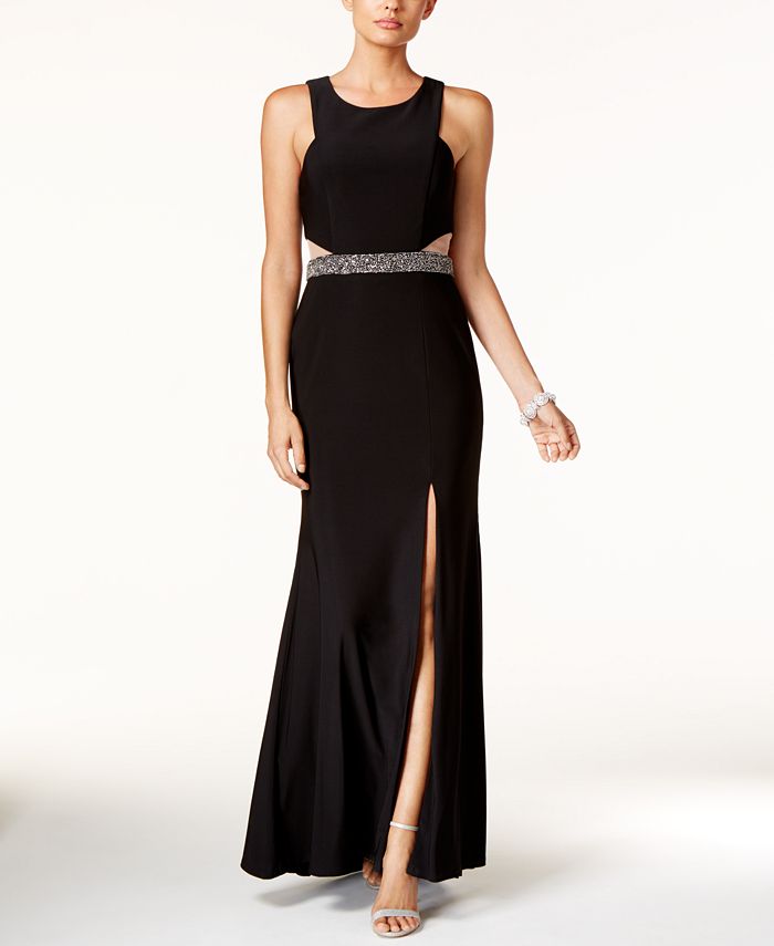 XSCAPE Petite Illusion Cutout Embellished Halter Gown - Macy's