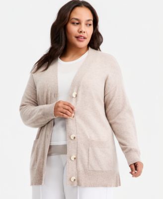 Plus Size 100% Cashmere Button-Front Cardigan