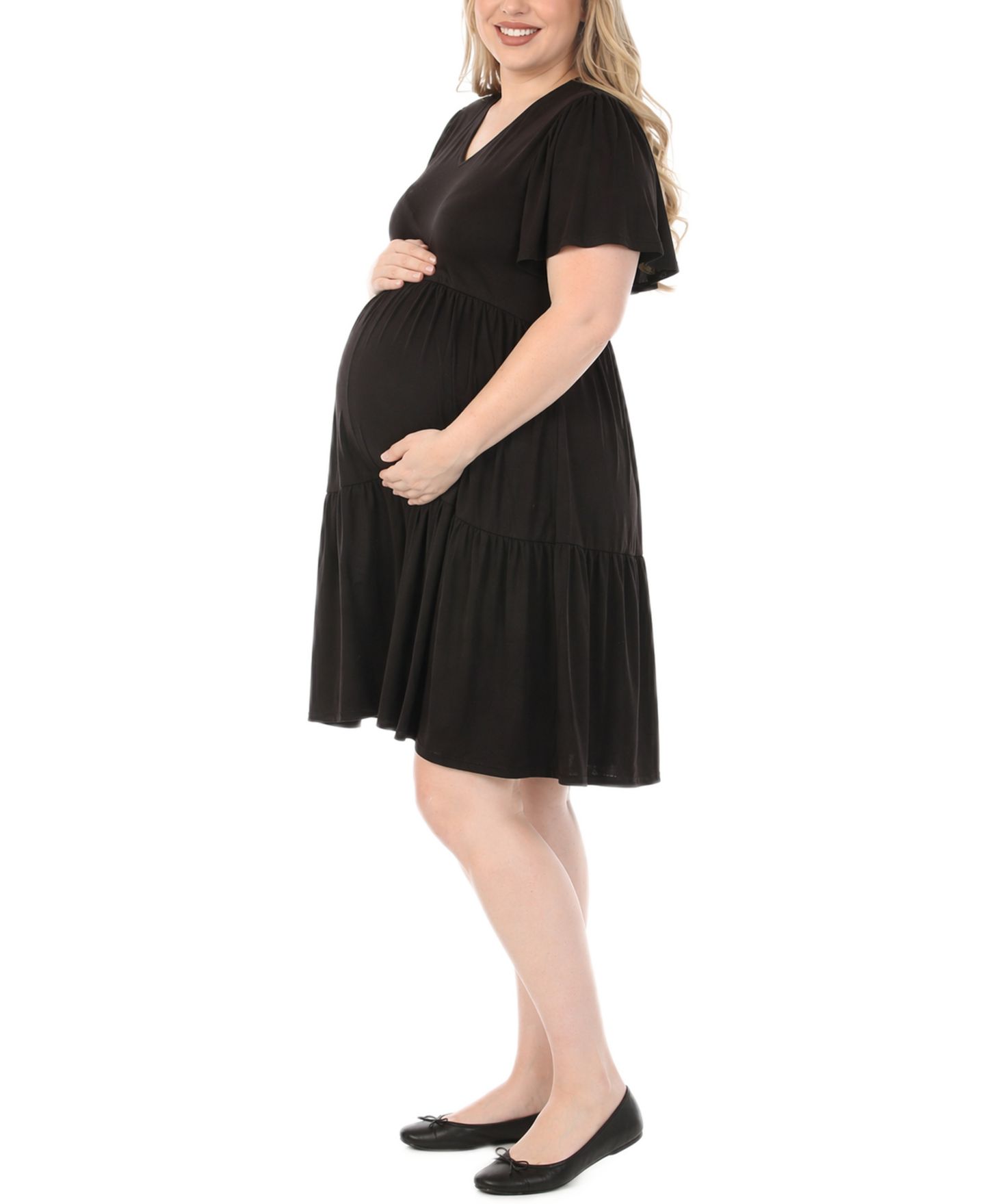 Женское платье White Mark Plus Size Short-Sleeve Tiered A-Line Maternity, цвет: Чёрный — фото 3
