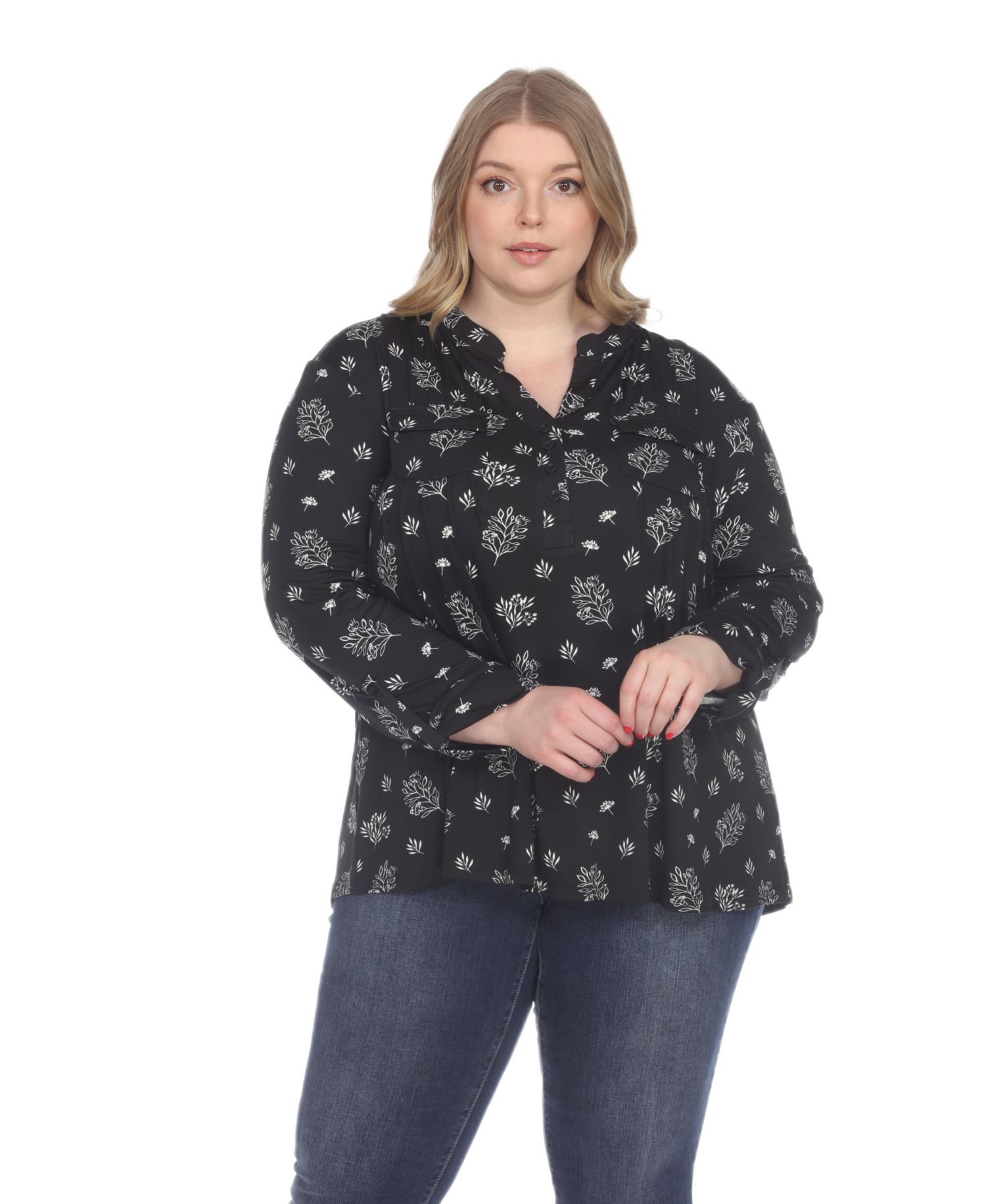 Plus Size Printed Long-Sleeve Button-Front Top