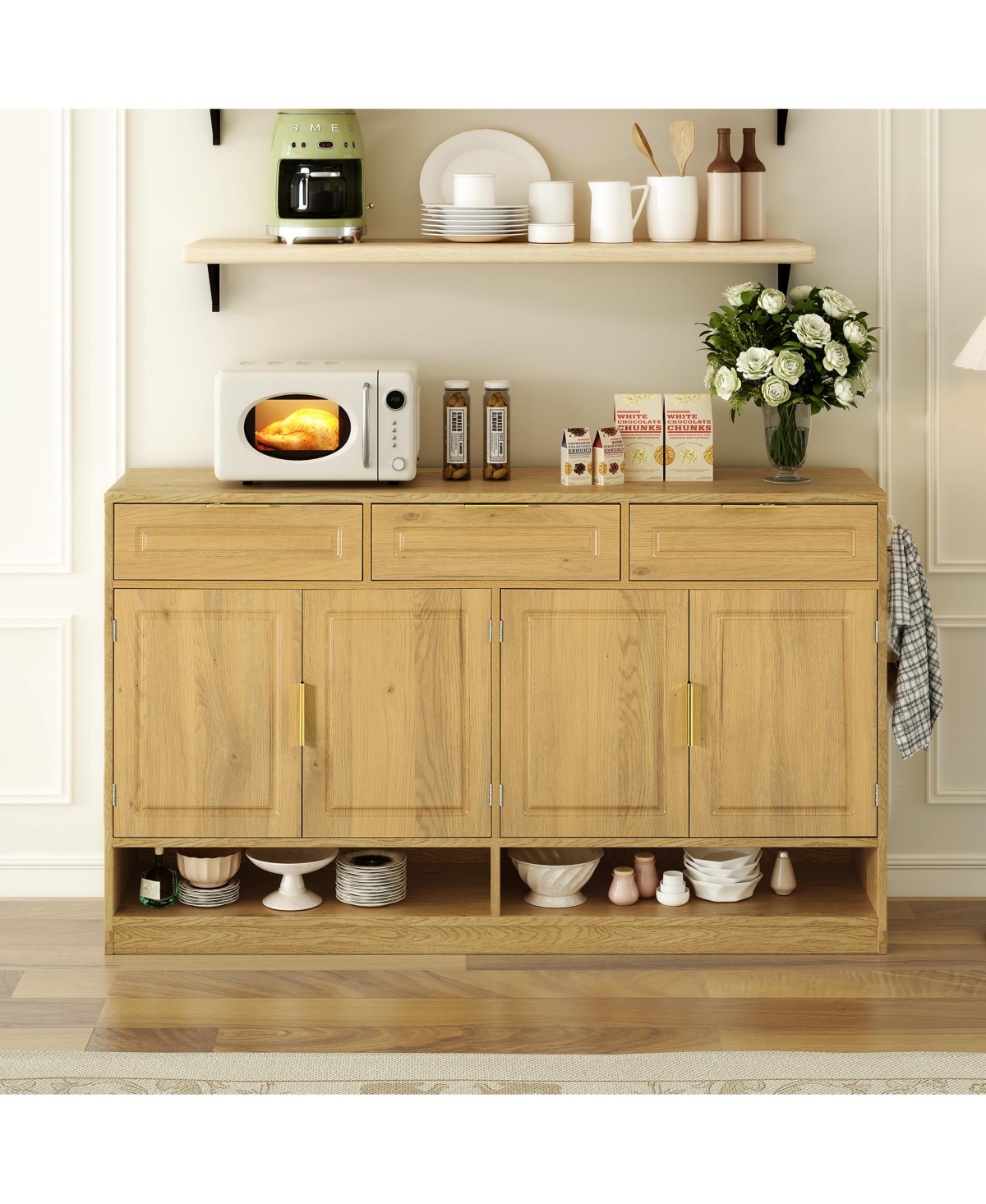 Rainsken Farmhouse Buffet Cabinet with 3 Drawers and 4 Doors, Storage Sideboard with Adjustable Shelf and Open Shelves for Dining Room, Living Room