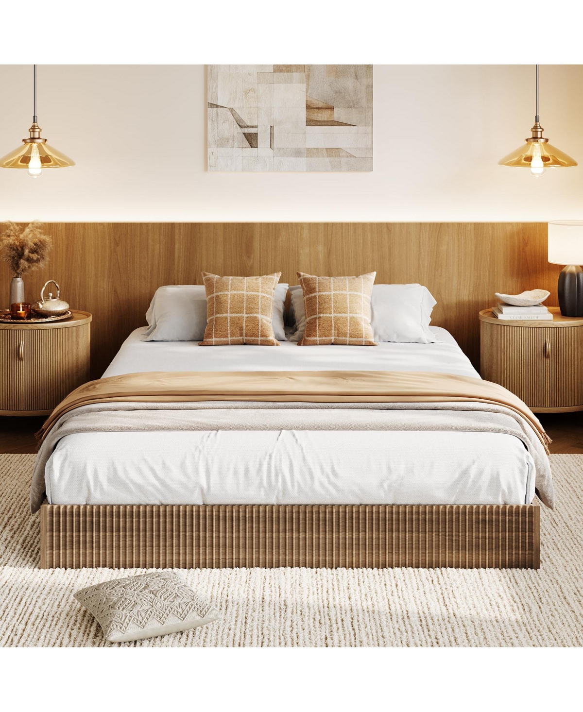 homfan Wood Platform Bed Frame with Fluted Design, Low Profile Bed, Quiet Slat Support