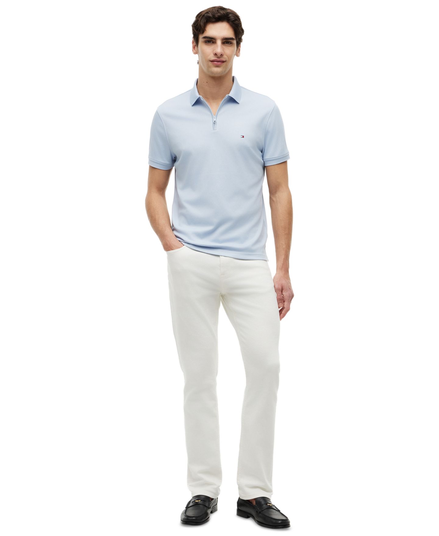 Мужское поло Tommy Hilfiger Performance Oxford Zip Regular-Fit Polo Shirt, цвет: Синий / Белый — фото 2