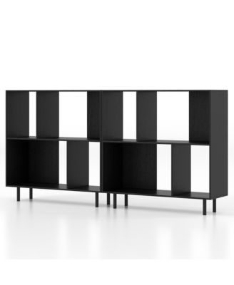 2 Piece 4 Cubby Open Bookcase 3 Tier Freestanding Bookshelf with Detachable Metal Legs