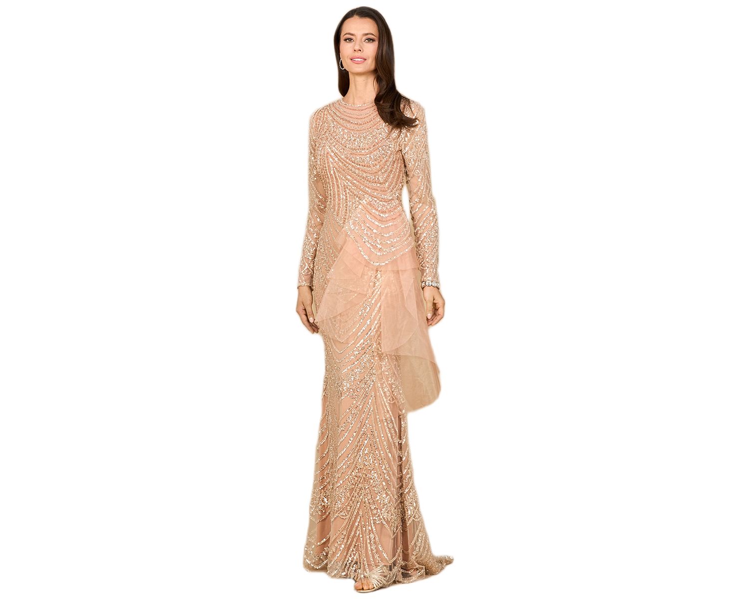Women's Beaded Long Sleeve Gown with Tulle Applique