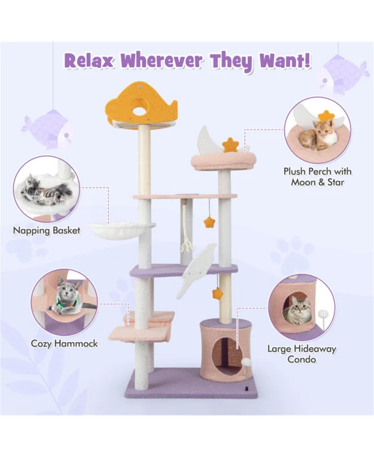 Zeus & Ruta 66 Inch Tall Cat Tree with Sisal Covered Scratching Posts for Indoor Cats