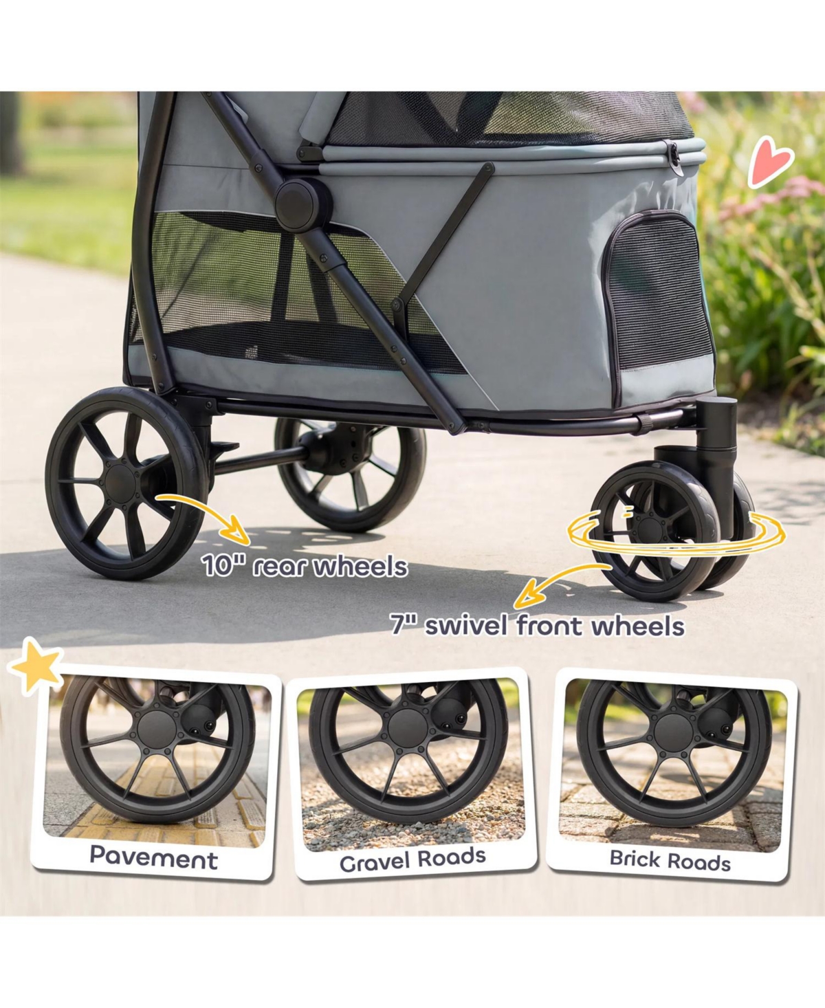 Zeus & Ruta 3 Wheel Cat Stroller with Easy One-Click Fold, Mesh Window, Washable Pad
