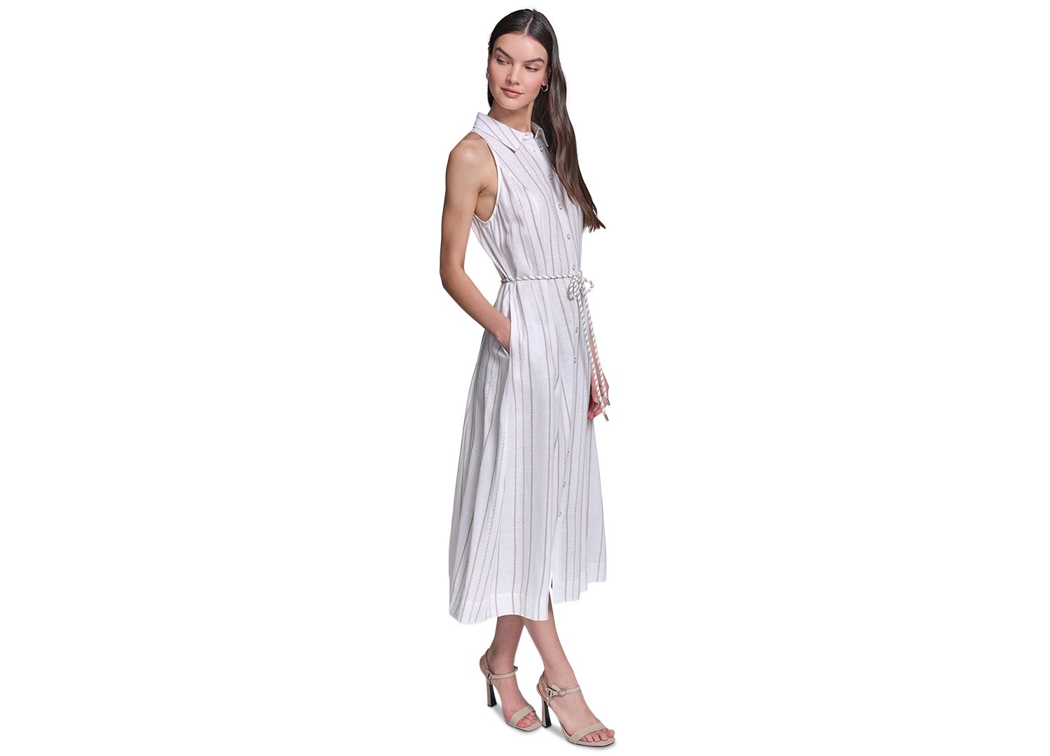 Women's Striped Rope Belt Midi Shirt-Dress