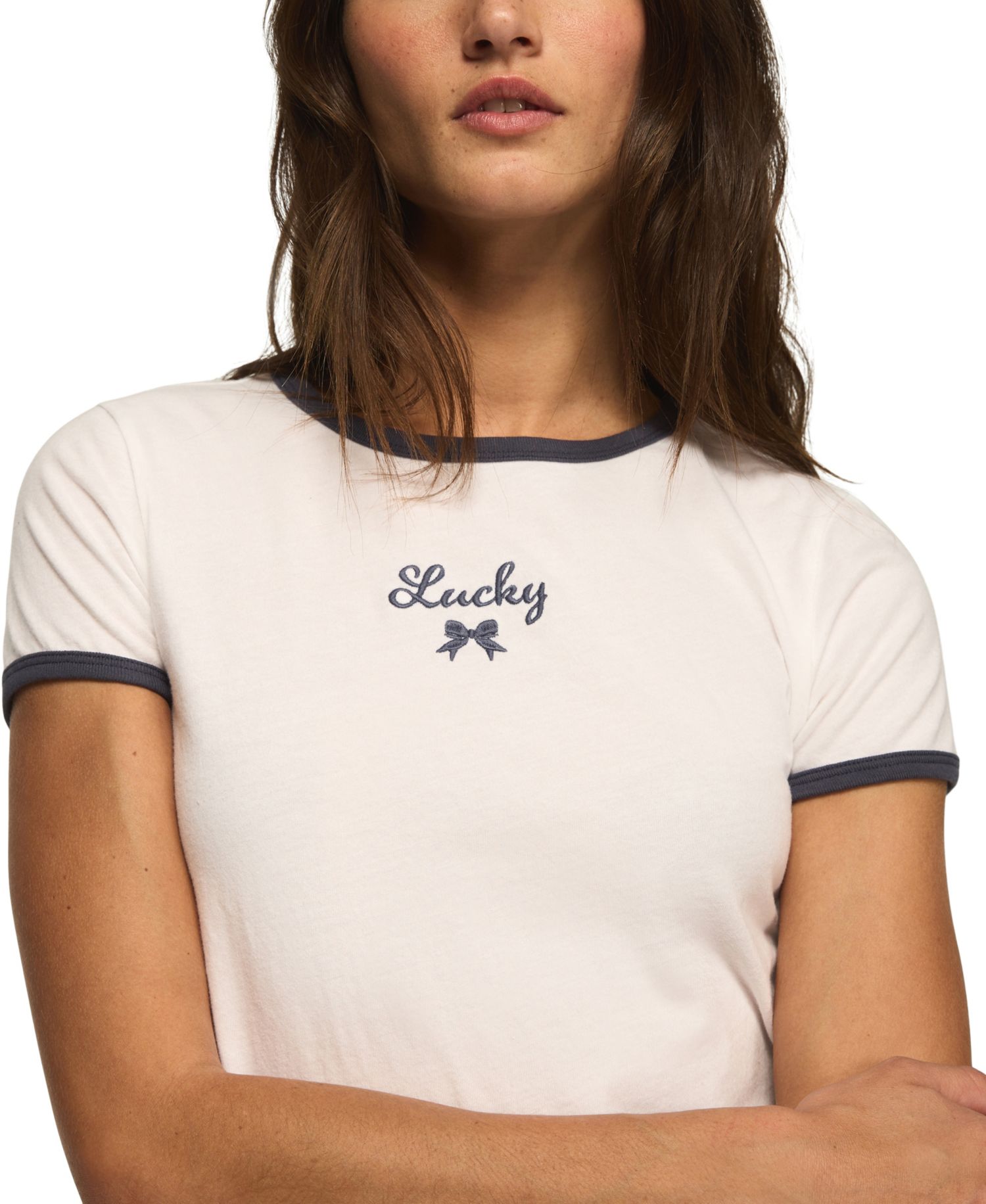 Women's Bow Detailed Cropped Ringer T-Shirt