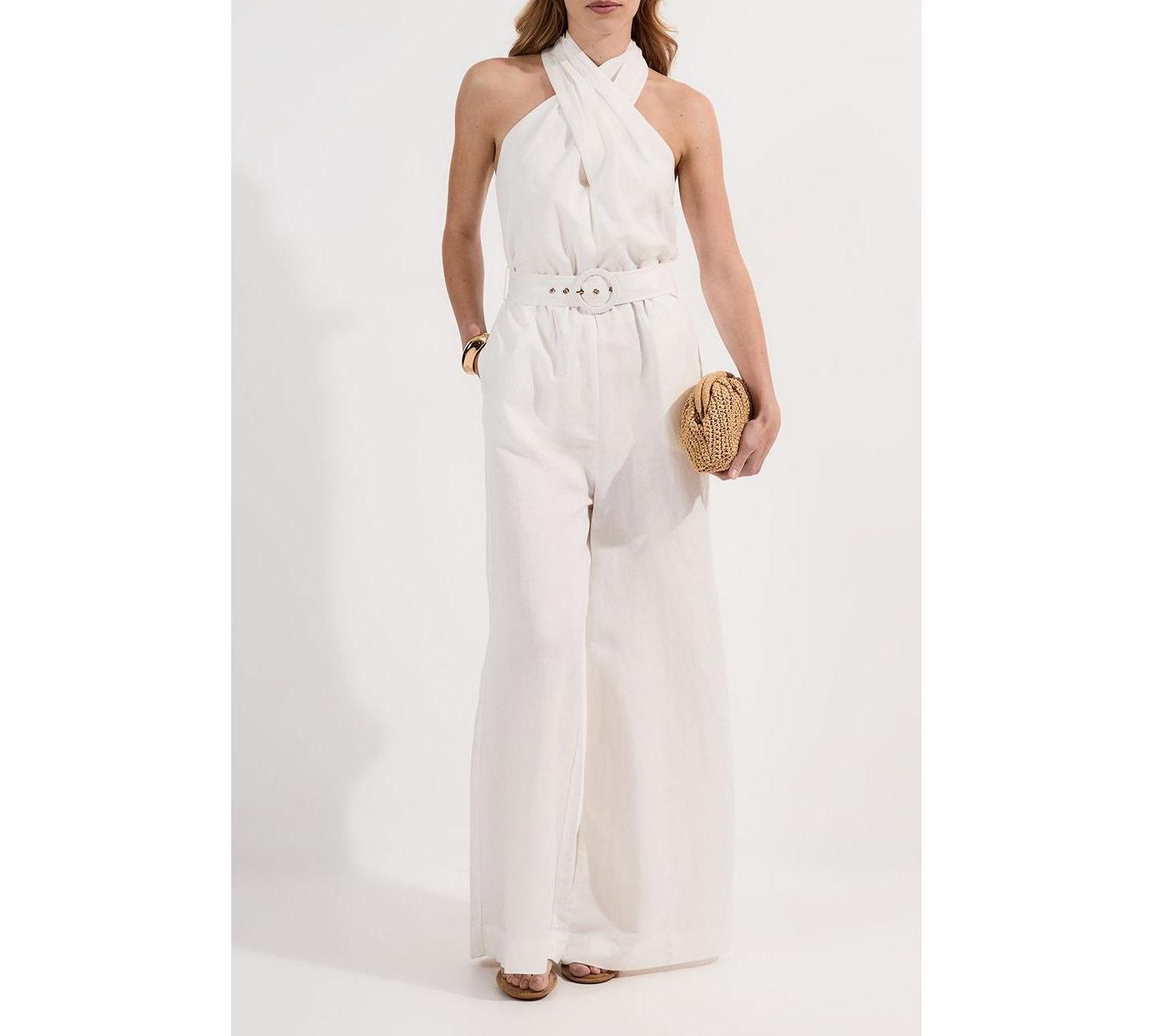 Женский комбинезон Karen Millen Linen Blend Wide Leg Belted Jumpsuit, цвет: Белый — фото 6